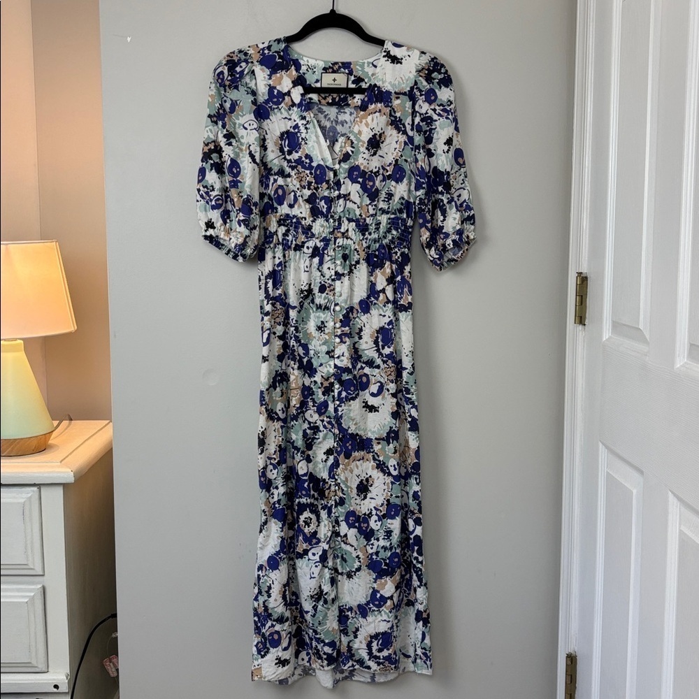 Tuckernuck Naomi Linen Blend Floral Puff Sleeve Button Down Dress - XS